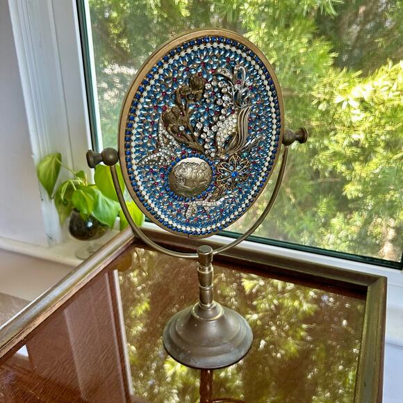 Vintage Tabletop Vanity Mirror with Ornate Floral and Rhinestone Embellishments - Picture 10 of 16